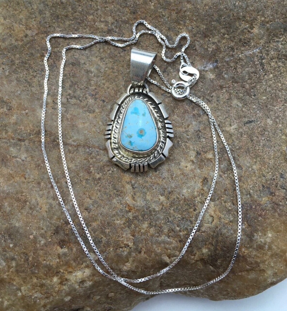 Dry Creek Turquoise Pendant Navajo Sterling Silver Chain Necklace 3107