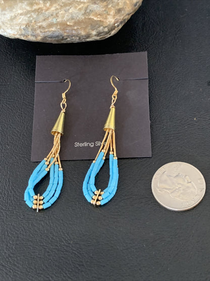 Blue Turquoise Liquid Gold Filled Tubes Dangle Heishi Earrings 2" 13030