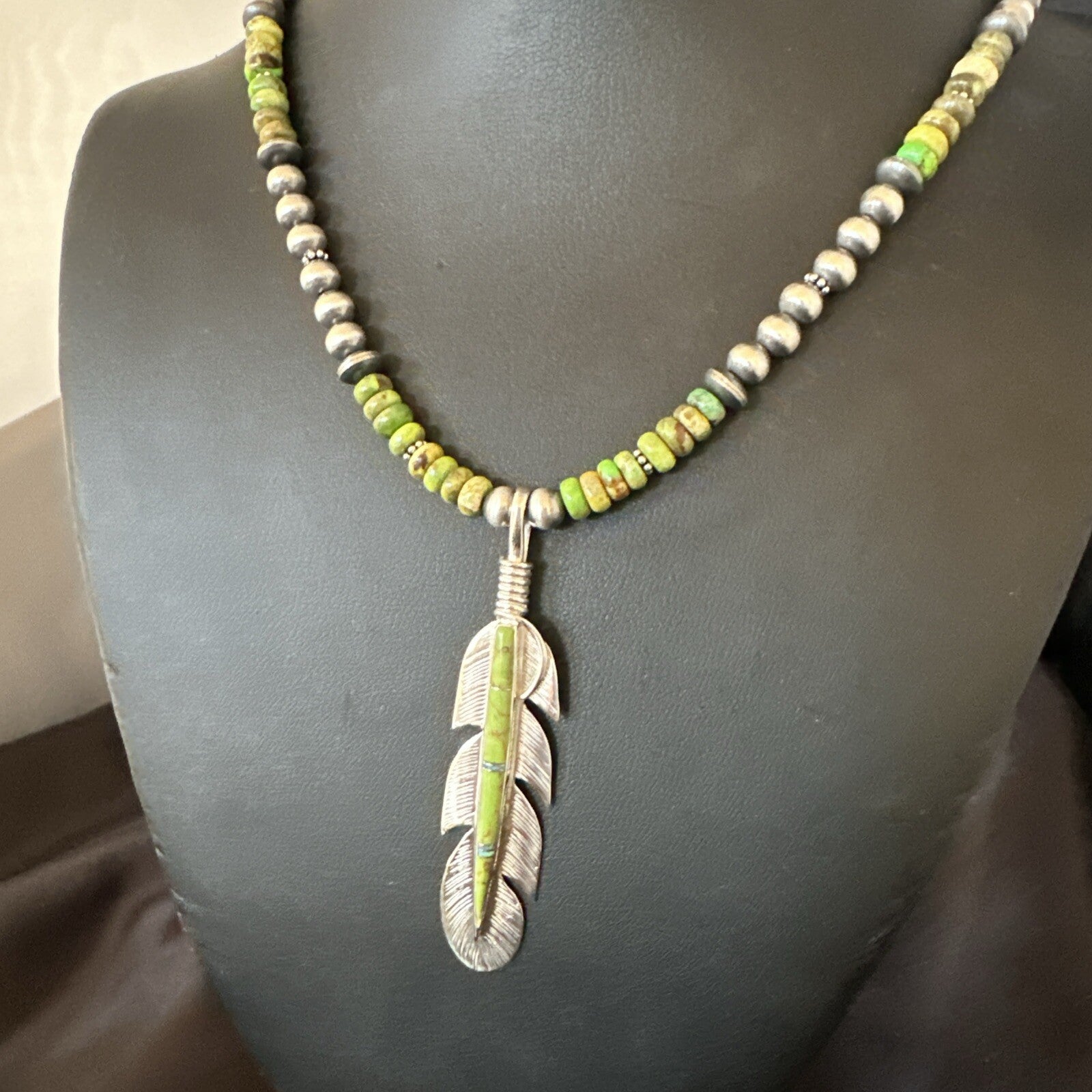 WoMens Green Gaspeite Turquoise Opal Leaf Pendant Sterling Silver Necklace 18665