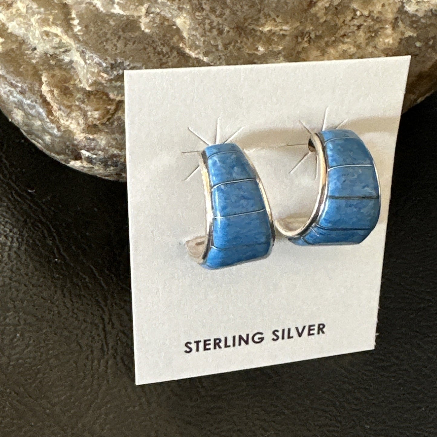 Southwestern Sterling Silver Blue  Denim Lapis Stud Inlay Earrings 1” 19268