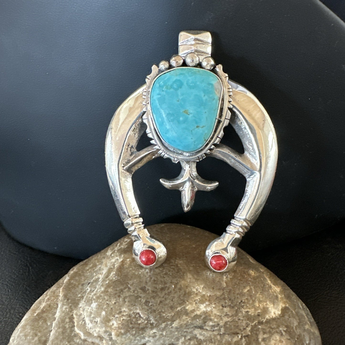 Tufa Cast Navajo Sterling Silver Blue Kingman Turquoise Coral Naja Pendant 19355