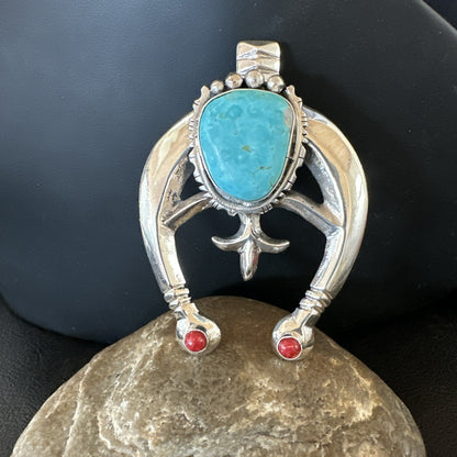Tufa Cast Navajo Sterling Silver Blue Kingman Turquoise Coral Naja Pendant 19355