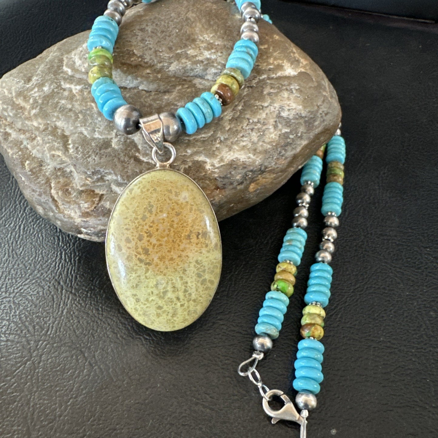 Green Gaspeite Pendant Blue Turquoise Navajo Sterling Silver Necklace 20" 19667
