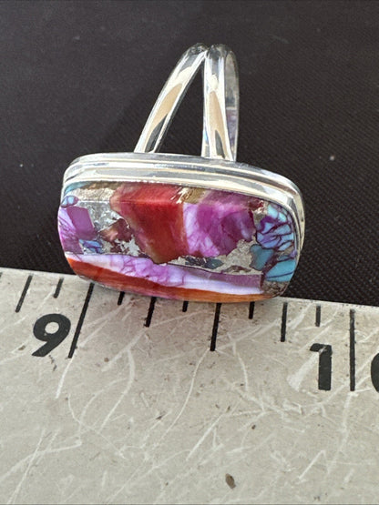 Blue Turquoise Spiny Oyster Southwestern Sterling Silver Ring Size 9 18543