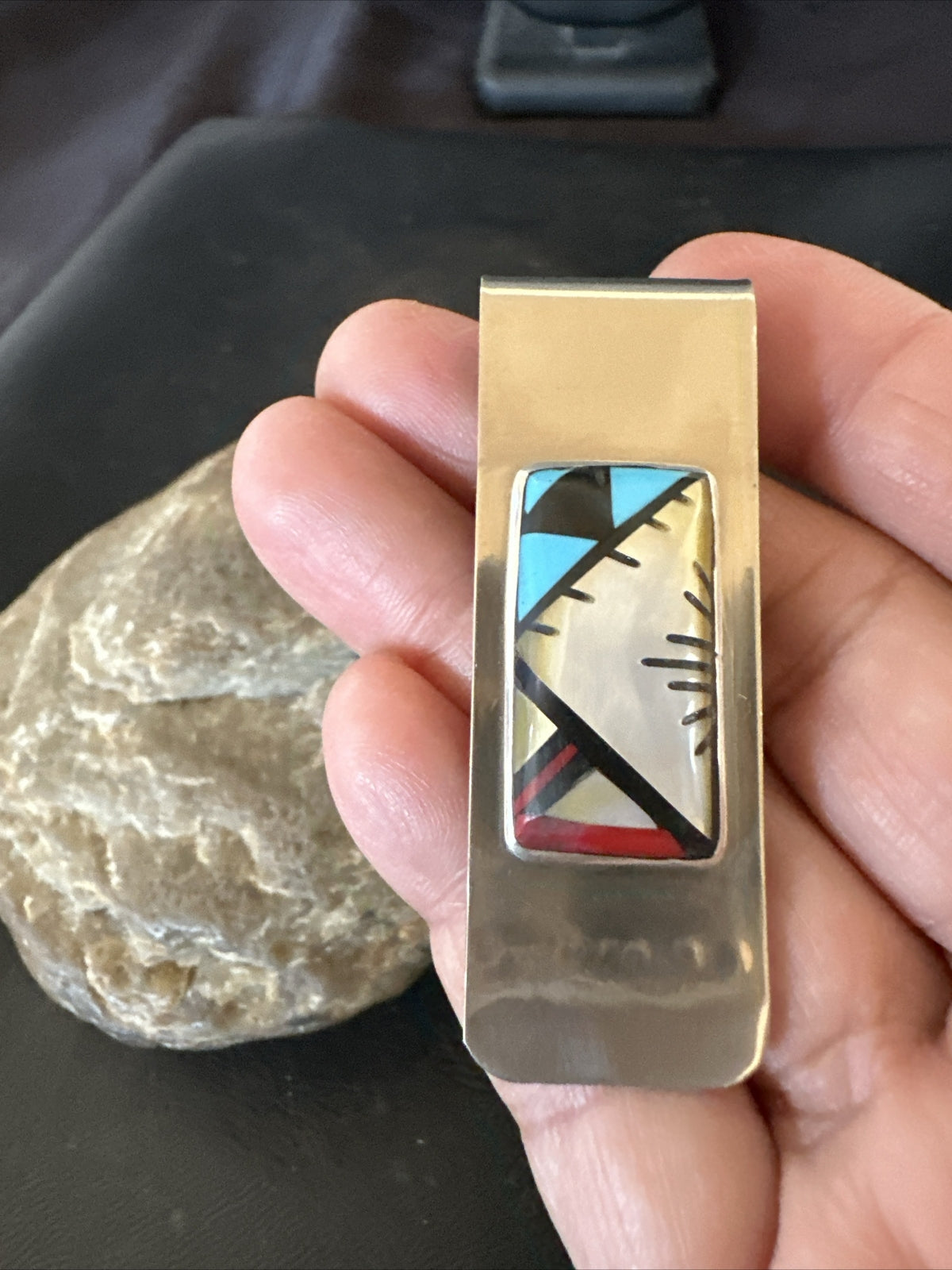A Zuni Mens Turquoise Spiny Inlay Stainless Sterling Silver Money Clip 17835