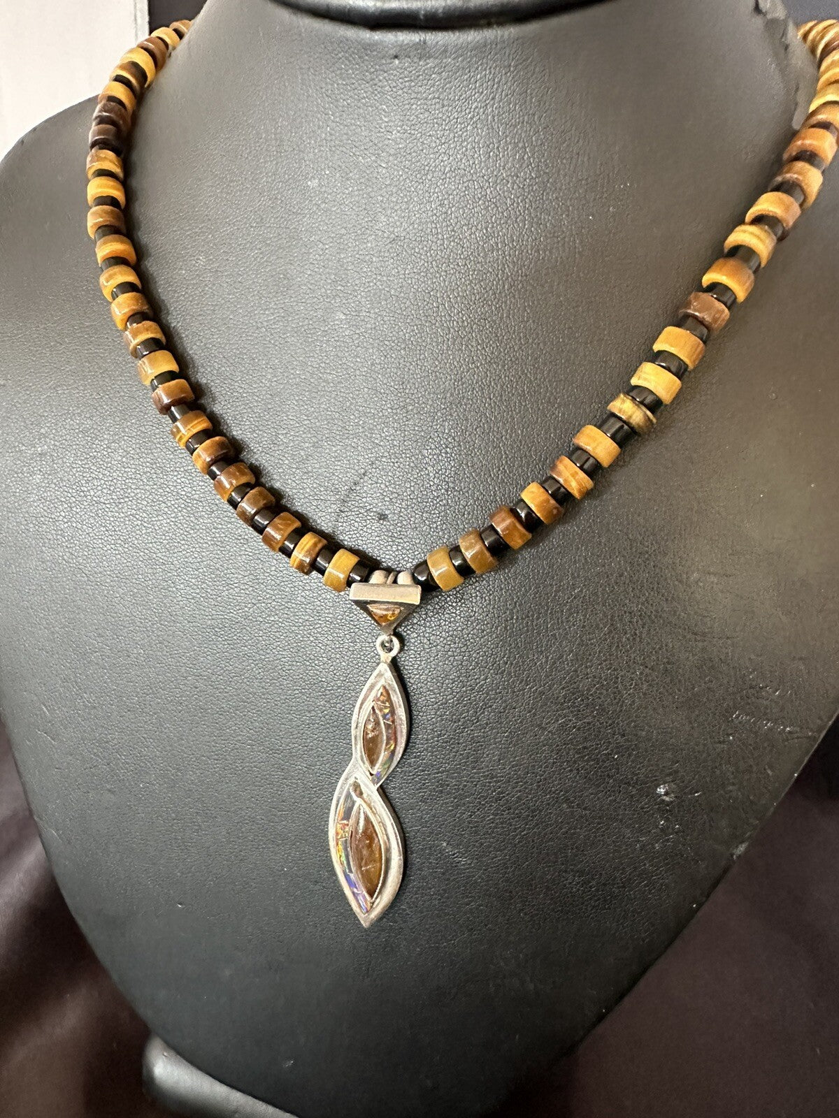 Coffee Tigers Eye Amber Opal Onyx Heishi Sterling Silver Pendant Necklace 18343