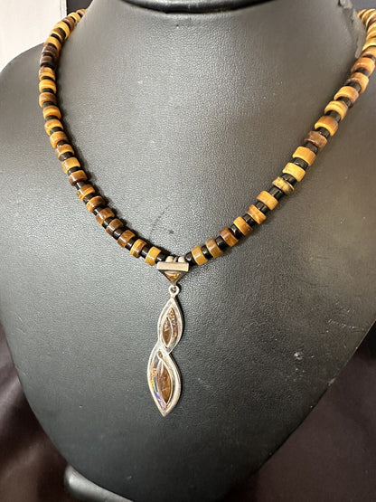 Coffee Tigers Eye Amber Opal Onyx Heishi Sterling Silver Pendant Necklace 18343