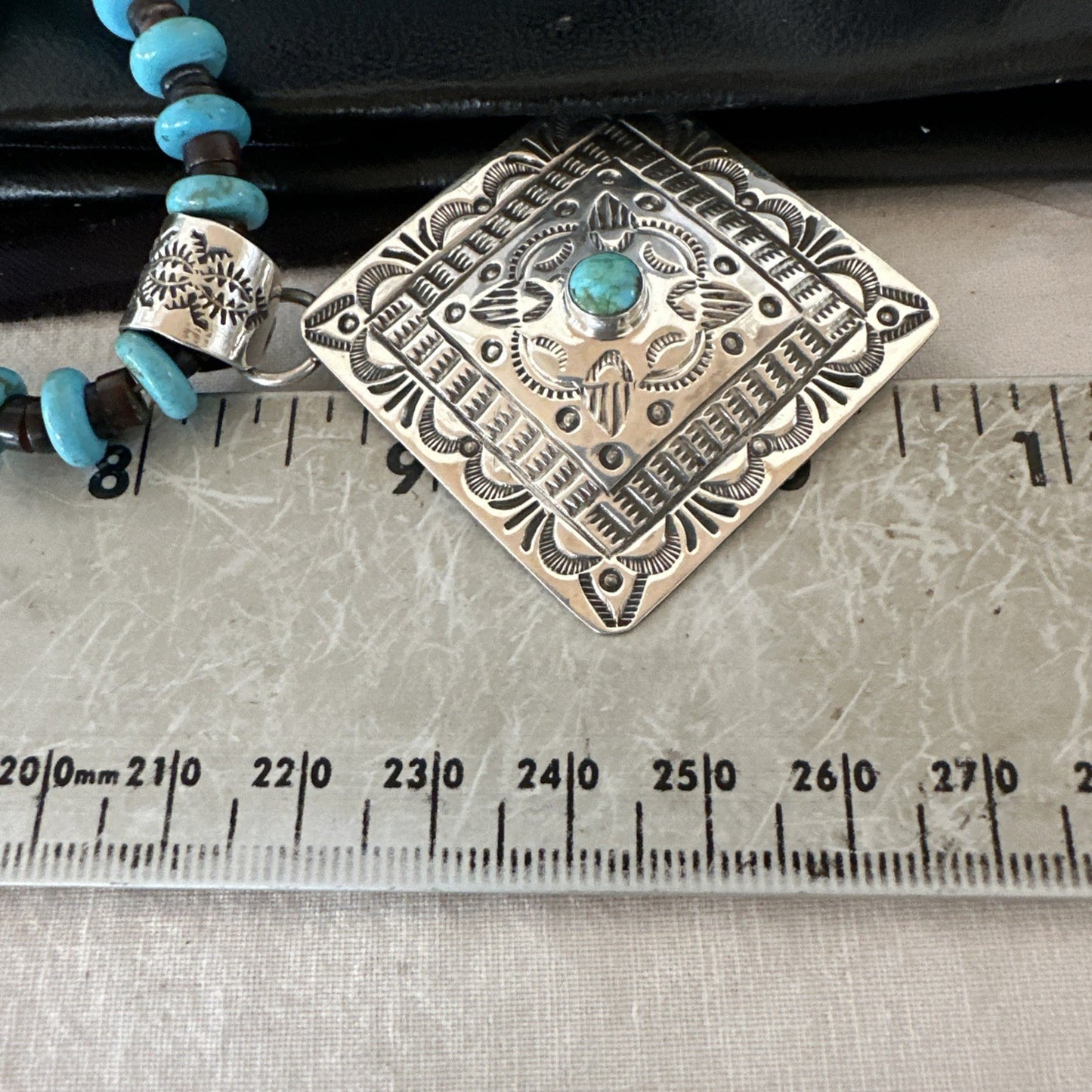 Navajo Blue Turquoise Stamped Pendant Shell Sterling Silver 25” Necklace 19708