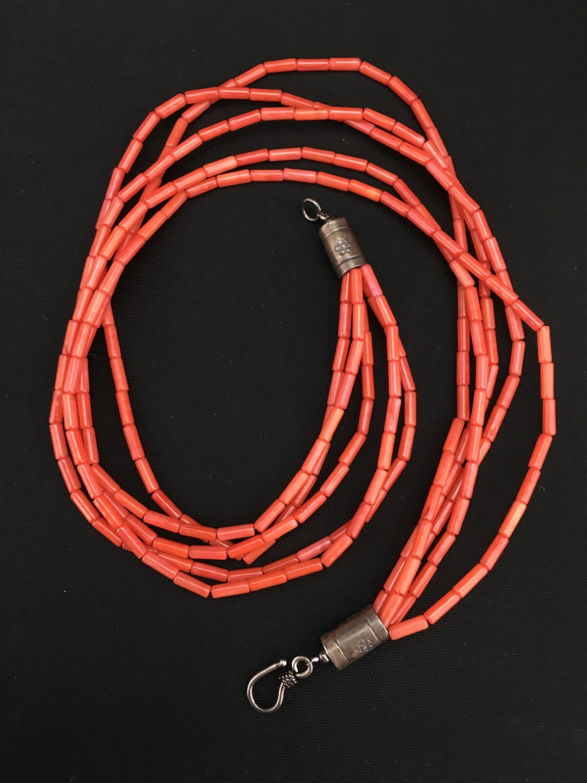 Orange Coral Tube Heishi Bead 5 Strand Navajo Sterling Silver Necklace 19" 1108