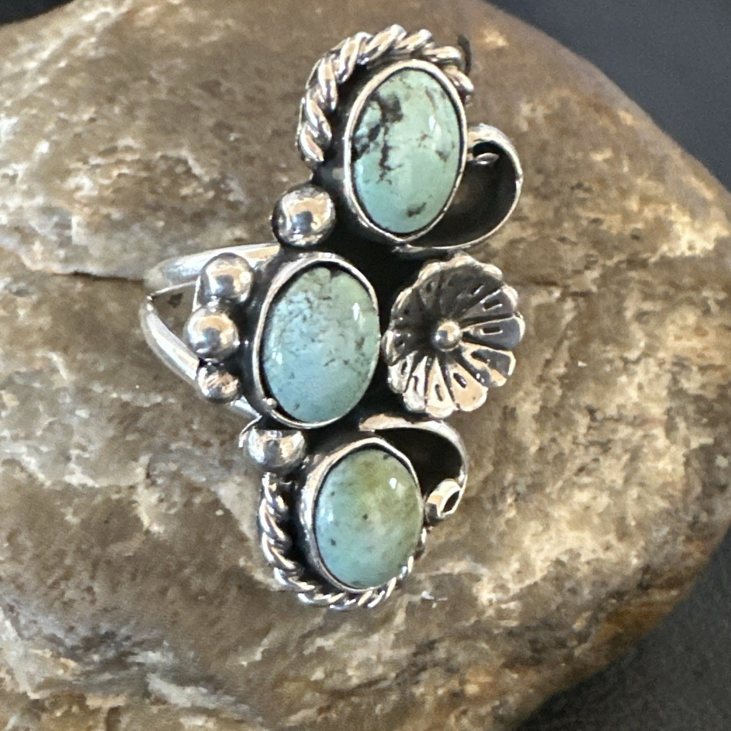 Blue Green Turquoise Navajo Sterling Silver Cluster Ring Size 8.5 19080