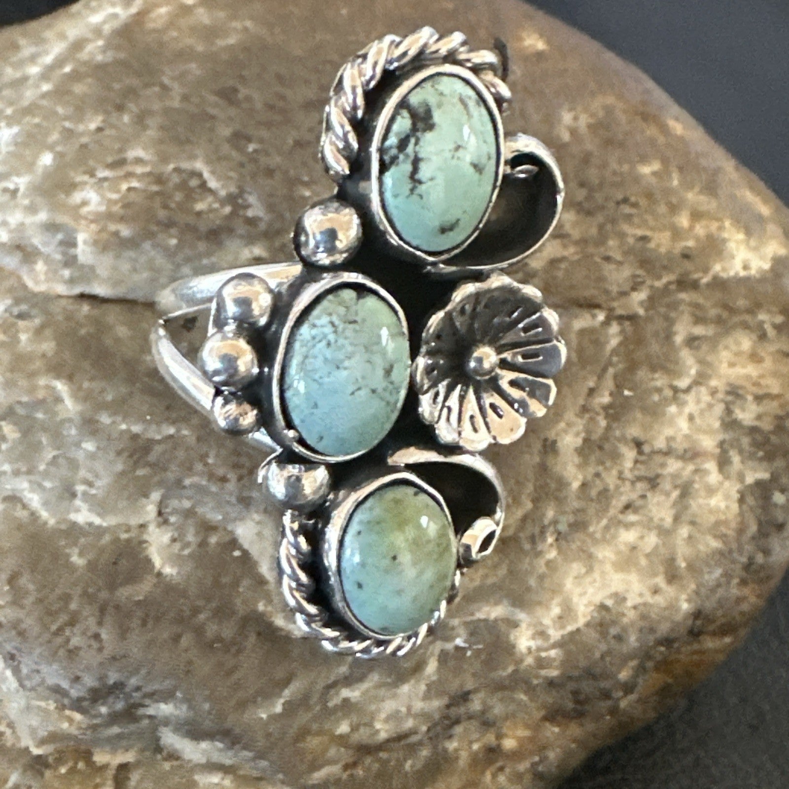 Blue Green Turquoise Navajo Sterling Silver Cluster Ring Size 8.5 19080