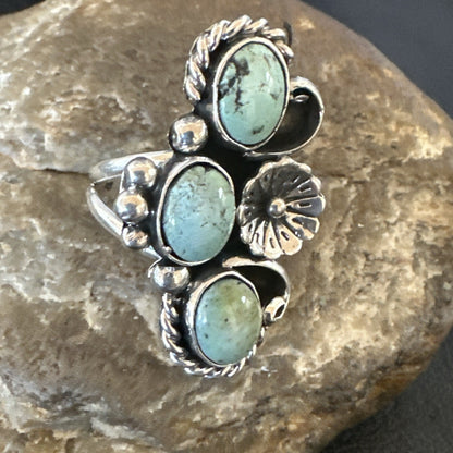 Blue Green Turquoise Navajo Sterling Silver Cluster Ring Size 8.5 19080