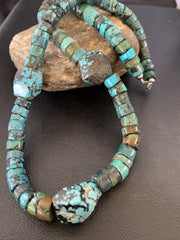 Men Chunky Spiderweb Turquoise Heishi Navajo Necklace 21" | Sterling Silver | Authentic Native American Handmade | 124505
