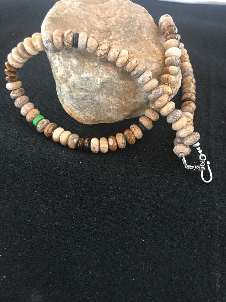 Turquoise Picture Jasper 10 mm Beads Mens Navajo Sterling Silver Necklace 03369