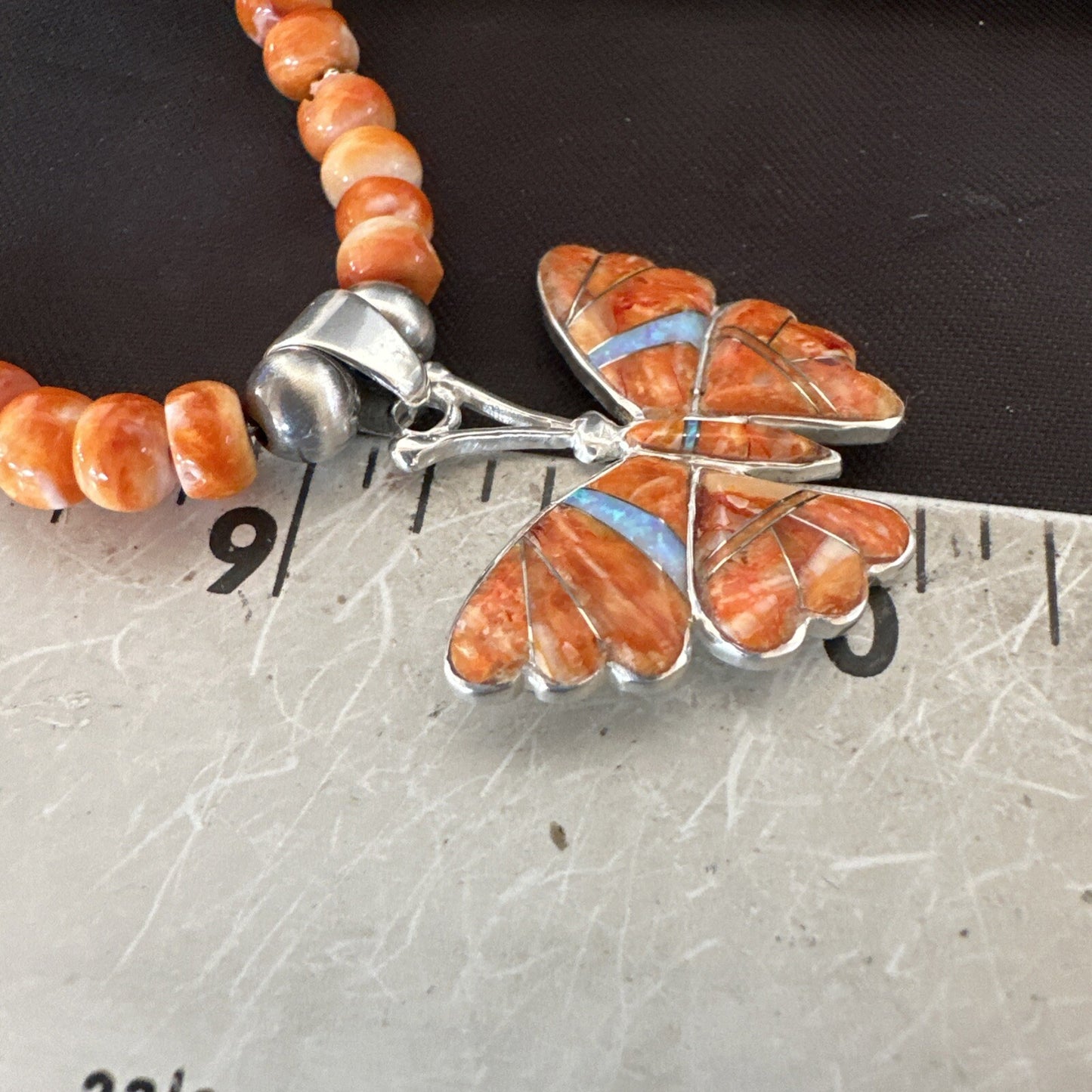 Butterfly Orange Spiny Oyster Opal Inlay Sterling Silver  Necklace Pendant 18676