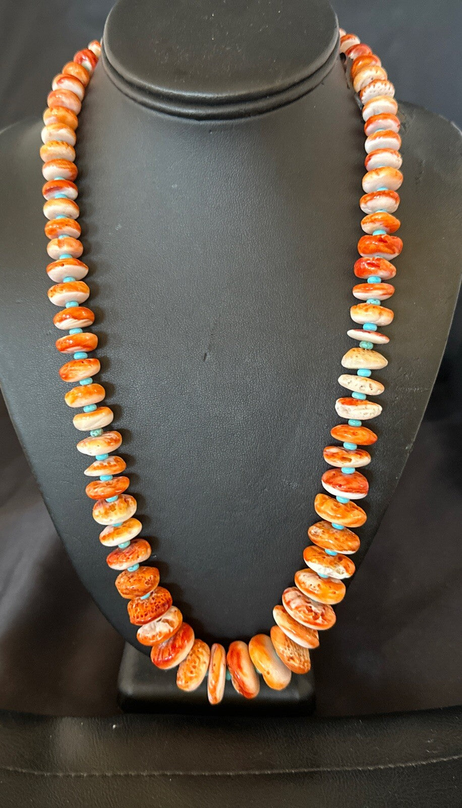 Orange Spiny Oyster Blue Turquoise Navajo Sterling Silver Necklace 23" 18088