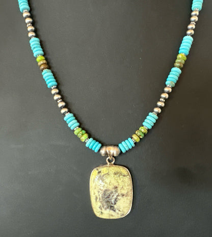 Green Gaspeite Pendant Blue Turquoise Navajo Sterling Silver Necklace 20" 19672