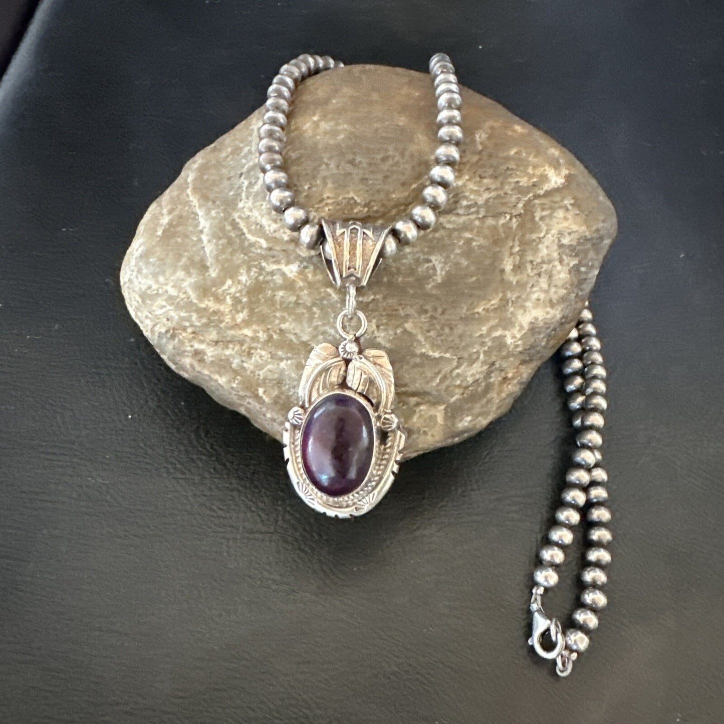 Purple Stone Pendant Navajo Pearls Sterling Silver Necklace 20” 18404
