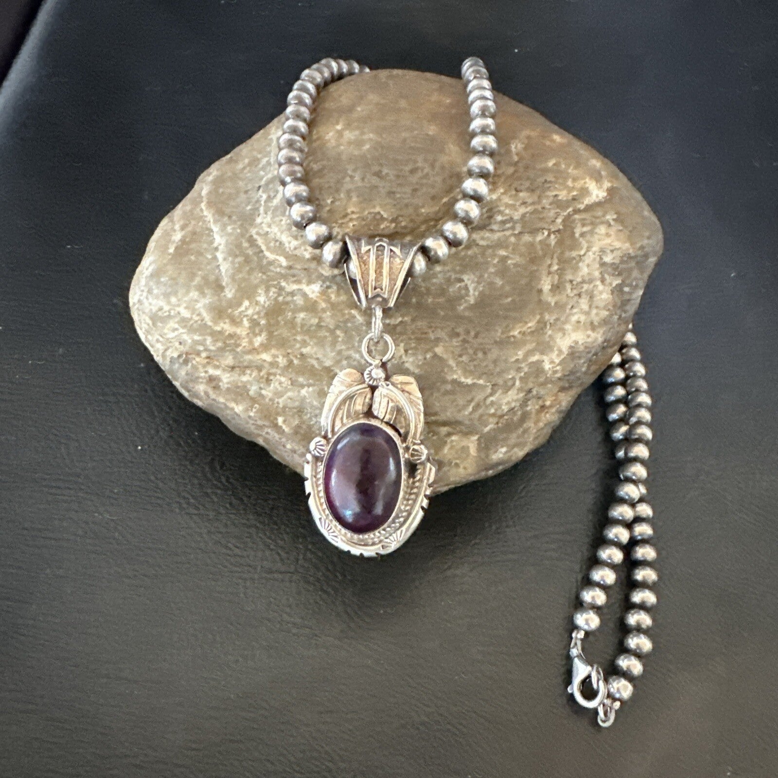 Purple Stone Pendant Navajo Pearls Sterling Silver Necklace 20” 18404