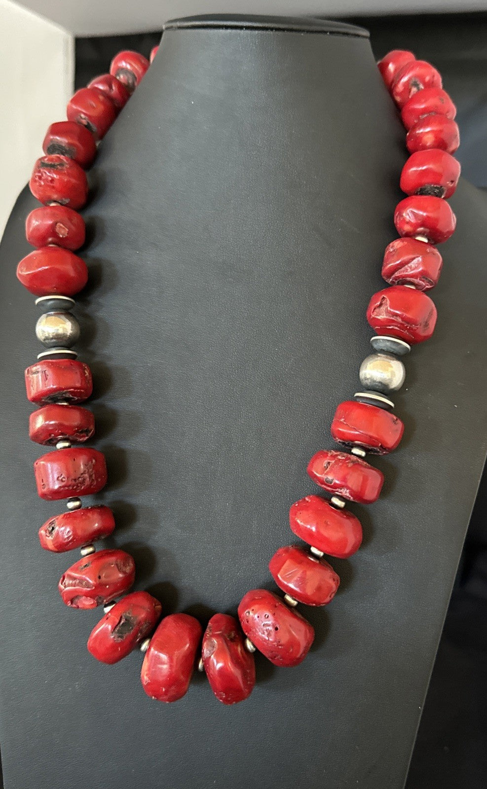 Chunky Navajo Red Bamboo Coral Sterling Silver Bead Necklace 24” Graduated 19532
