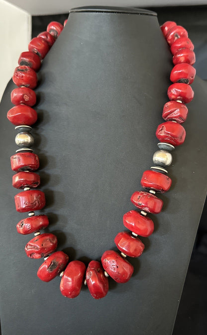 Chunky Navajo Red Bamboo Coral Sterling Silver Bead Necklace 24” Graduated 19532