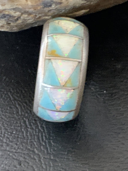 Mens Blue Turquoise & Opal Navajo Sterling Silver Inlay Ring Size 10 12571