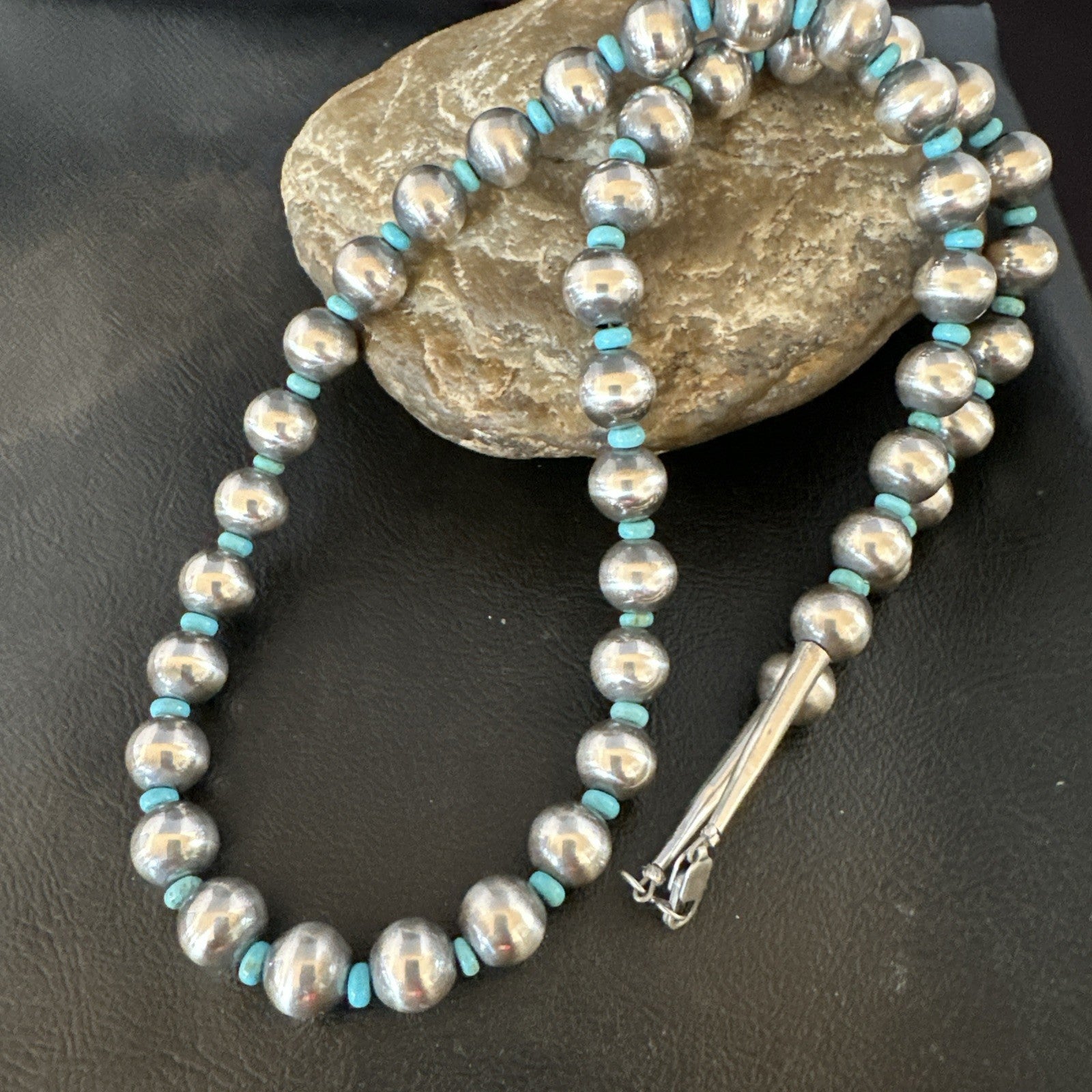Blue Turquoise 10mm Round Sterling Silver Beads Necklace 24” 92408