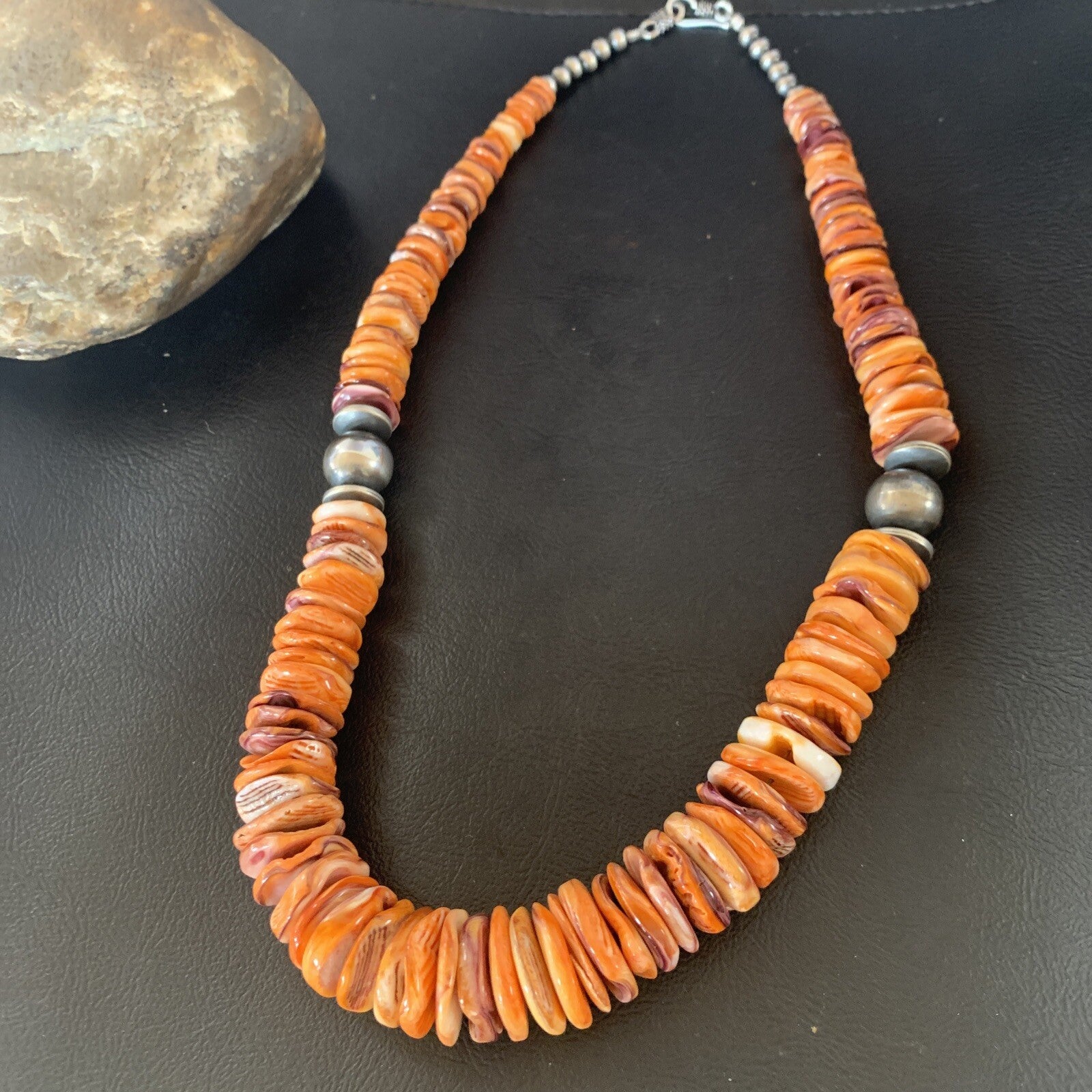 Orange Purple Spiny Oyster Navajo Pearls Sterling Silver Necklace 21" 12736