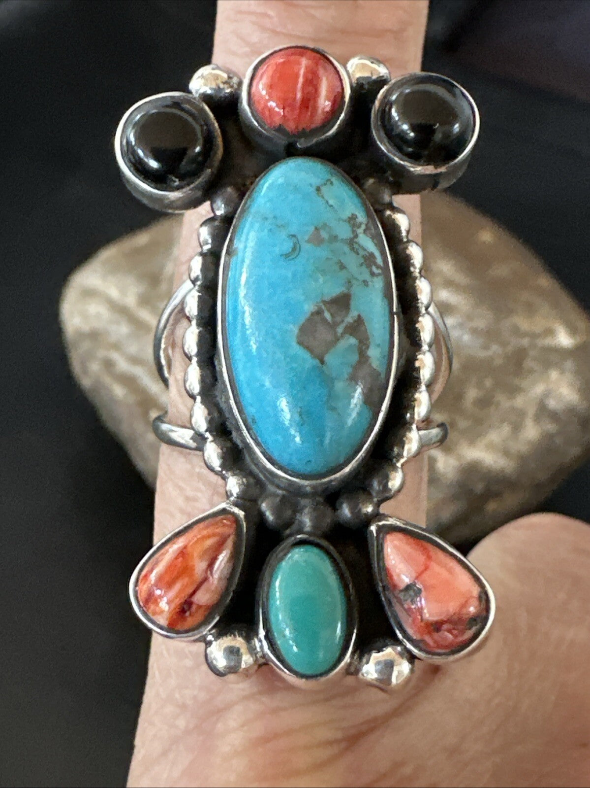 Cluster Blue Turquoise Spiny Oyster Onyx Sterling Silver Ring Size 9 18560