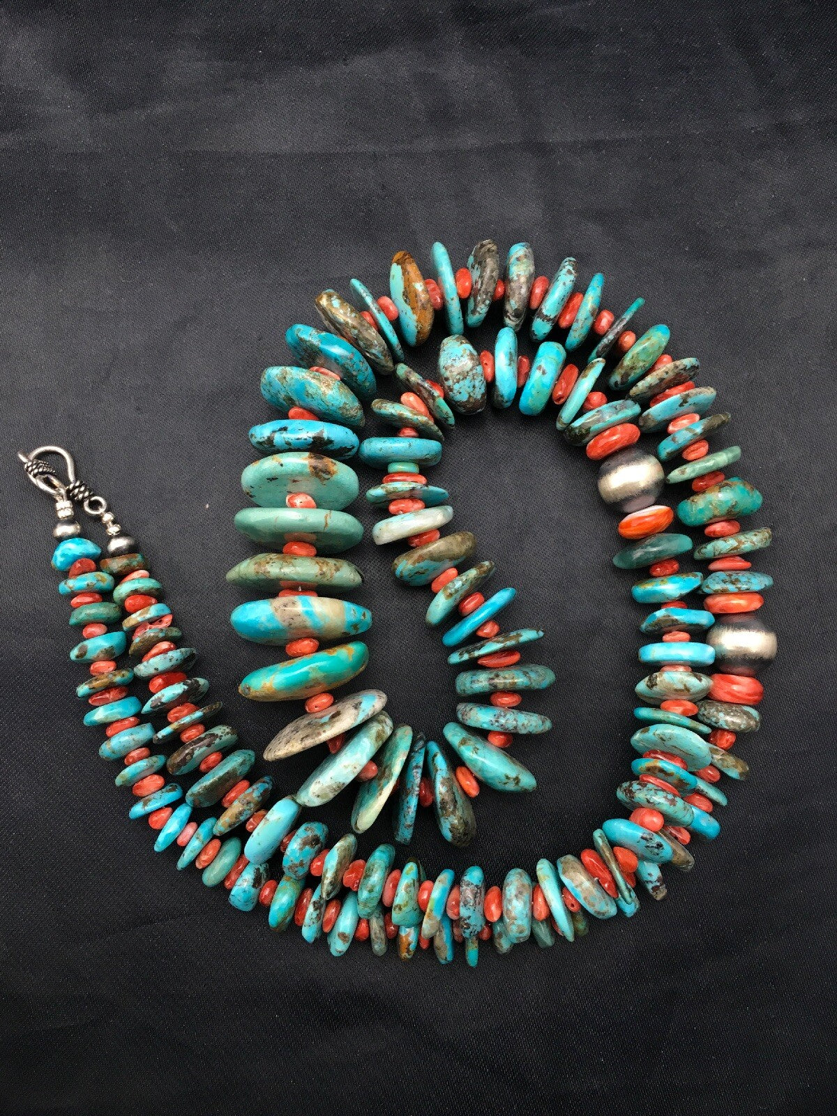 Turquoise & Spiny Oyster Graduated Navajo Sterling Silver Necklace 29" 04362