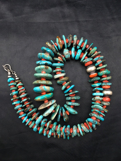 Turquoise & Spiny Oyster Graduated Navajo Sterling Silver Necklace 29" 04362