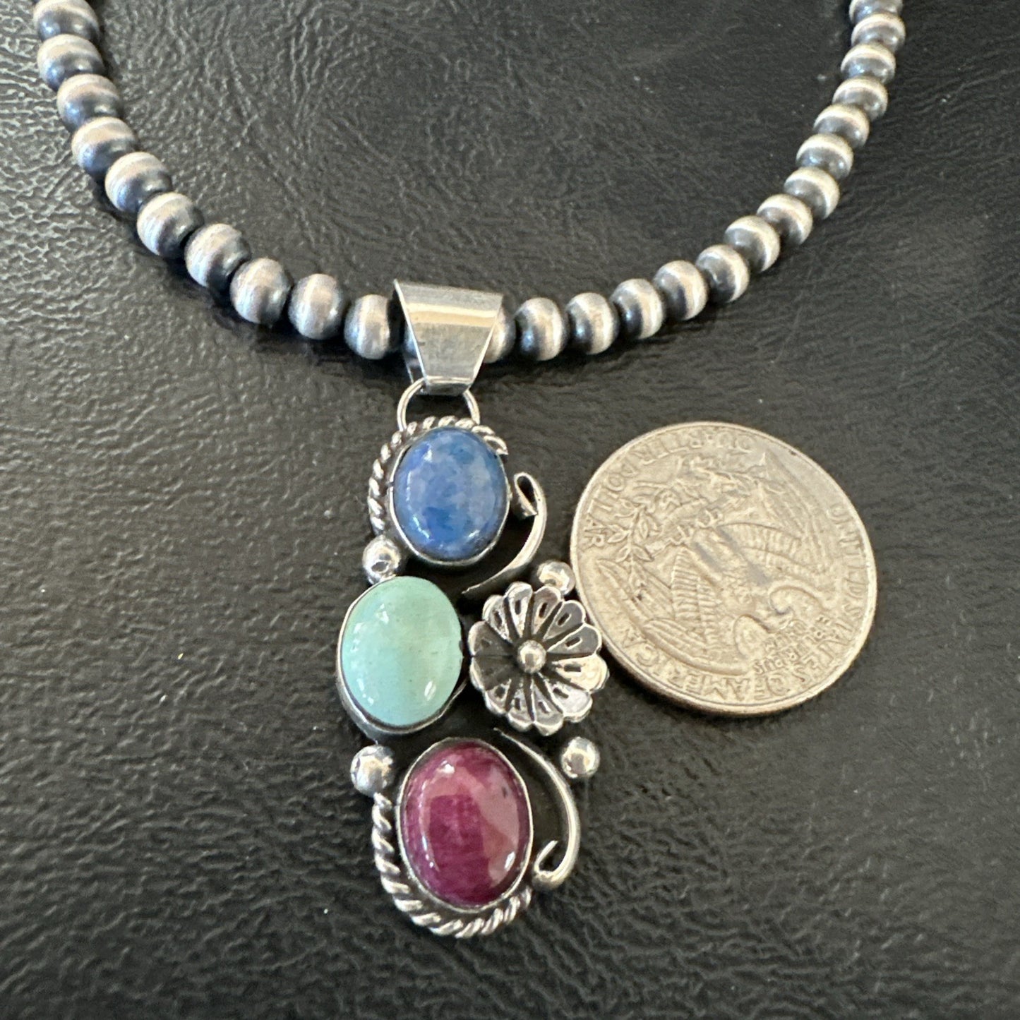 Multicolor Turquoise Spiny Navajo Sterling Silver Cluster Pendant Necklace 19313