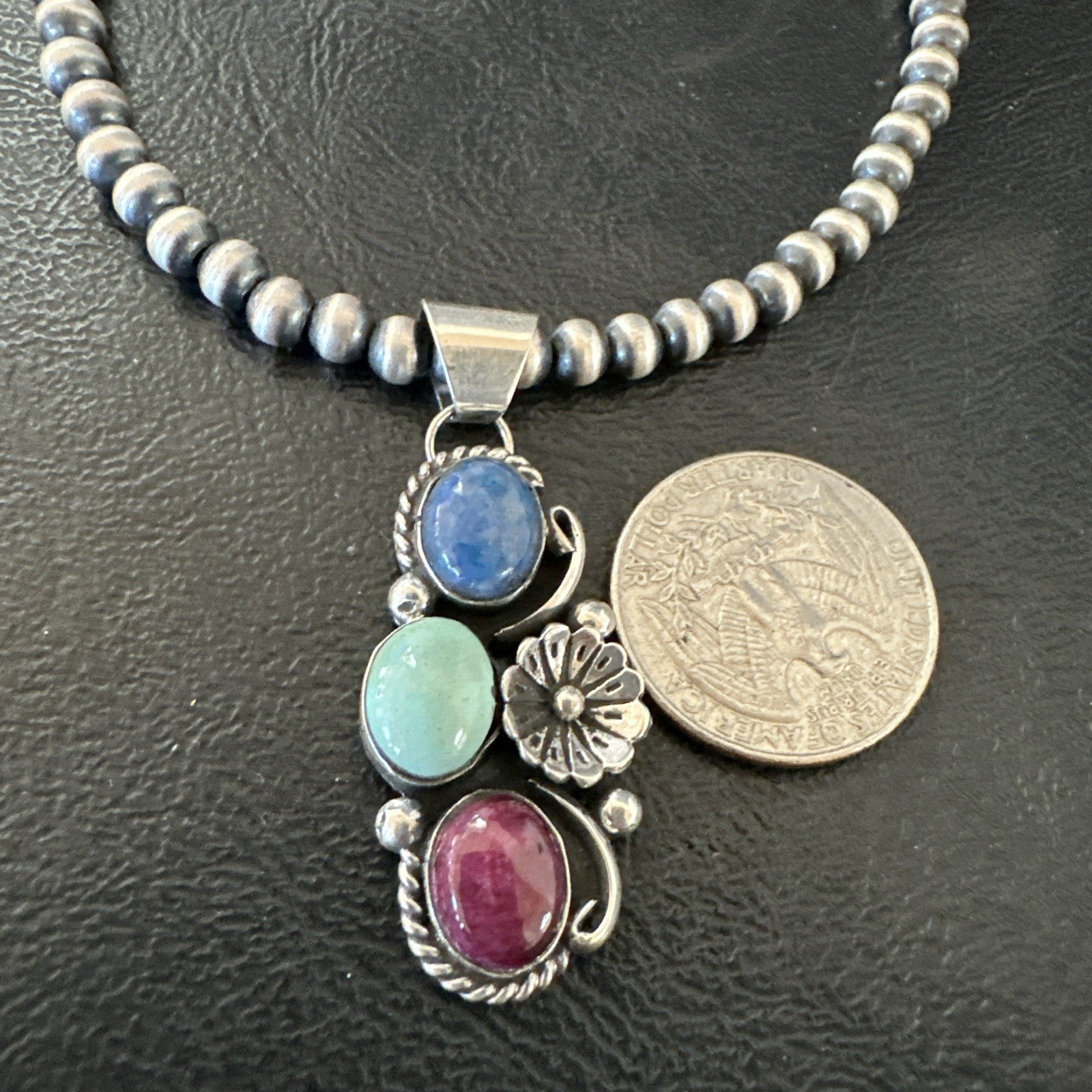 Multicolor Turquoise Spiny Navajo Sterling Silver Cluster Pendant Necklace 19313