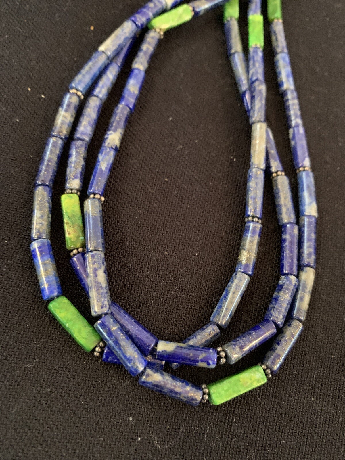 Mens Navajo Lapis Green Turquoise 3 Strands Sterling Silver 21" Necklace 8370