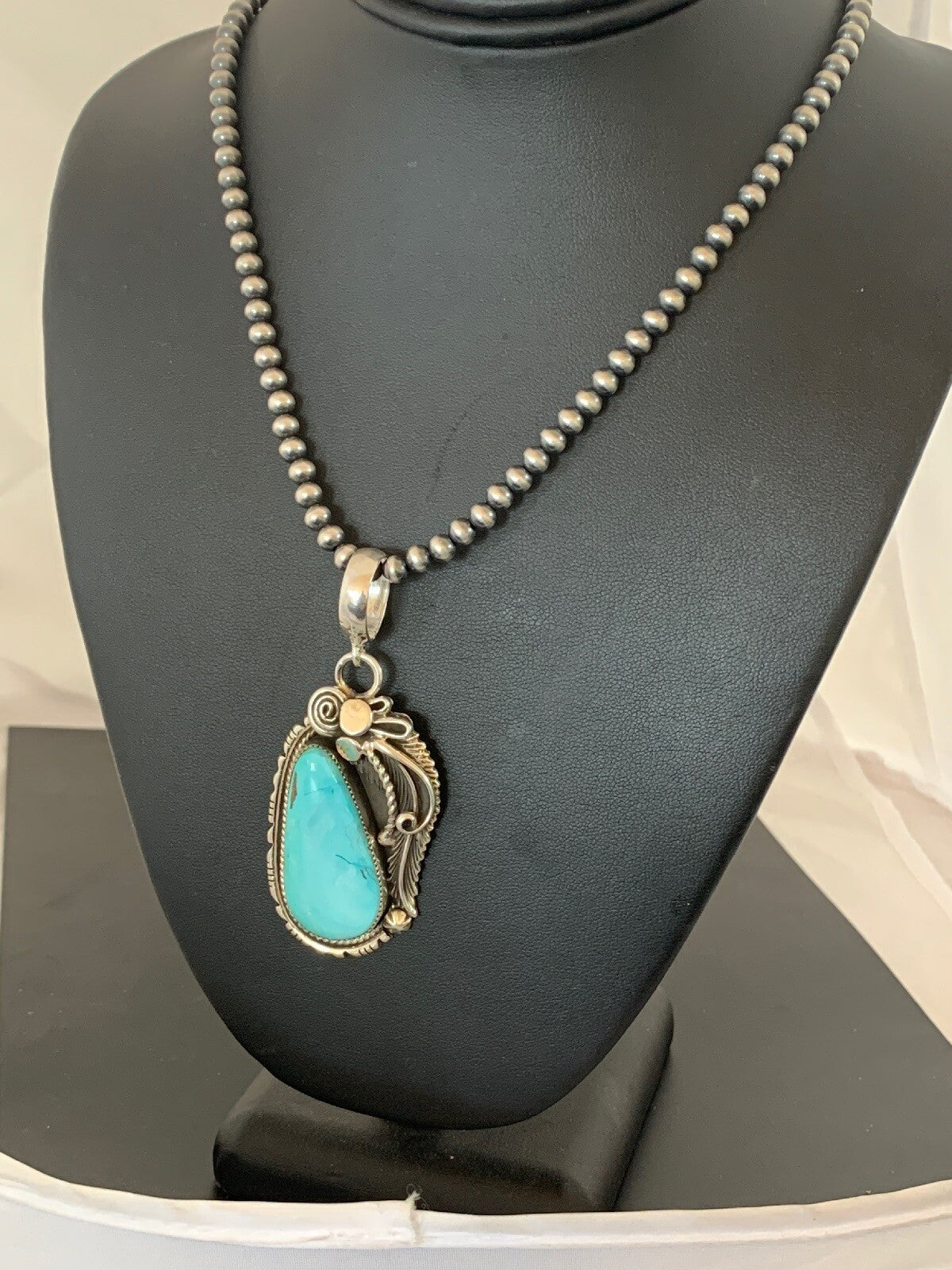 Royston Turquoise Pendant Navajo Sterling Silver Beads Necklace 08735