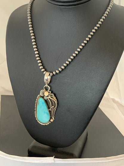Royston Turquoise Pendant Navajo Sterling Silver Beads Necklace 08735