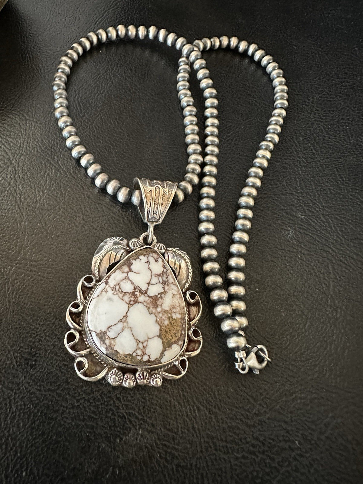 Navajo Pearls Sterling Silver Wild Crazy Horse Turquoise Necklace Pendant 19390