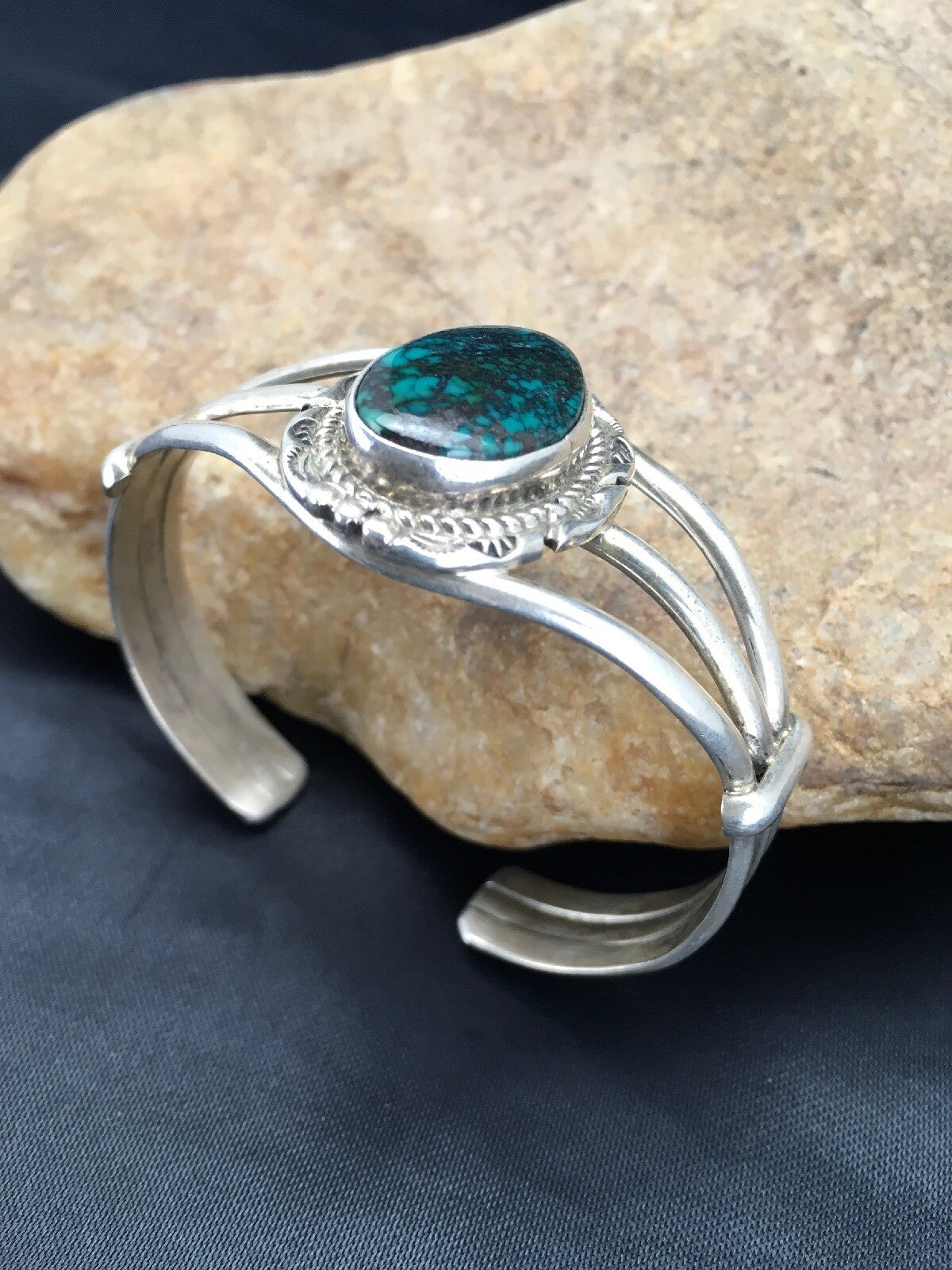 Spider Web Turquoise Navajo Indian Sterling Silver Bracelet 5" 02650