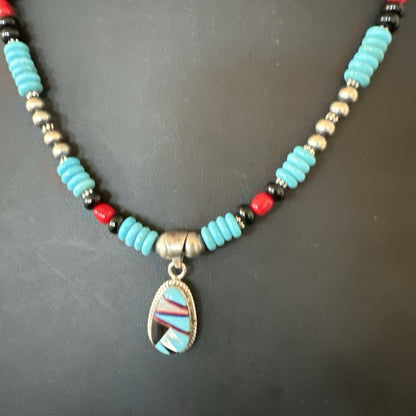 Multicolor Turquoise Coral Navajo Sterling Silver Inlay Pendant Necklace 19648