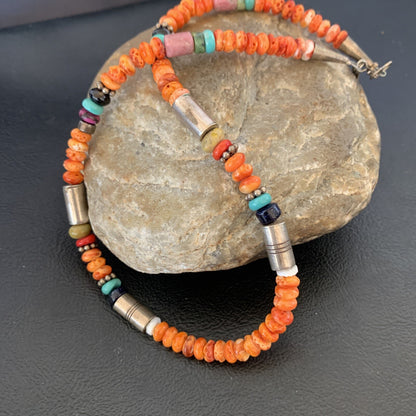 Turquoise Spiny Oyster & Coral Beads Sterling Silver Gold Necklace 10393