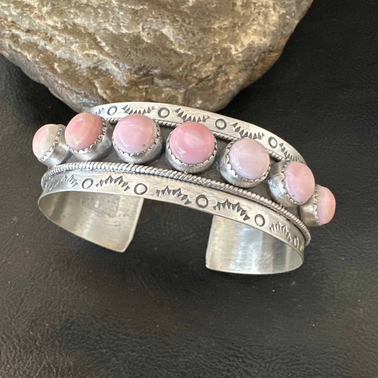 Navajo Pink Conch Cluster Sterling Silver Cuff Bracelet 18863