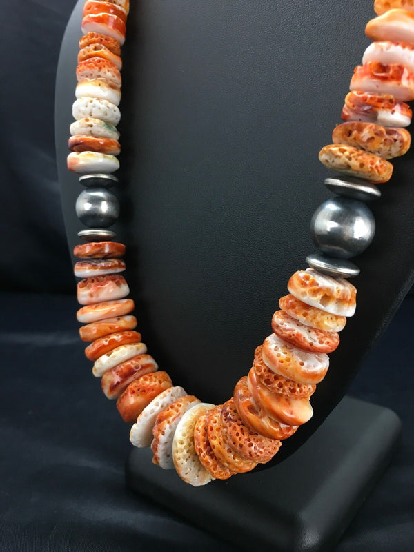 Orange Spiny Oyster Navajo Necklace | Sterling Silver | Authentic Native American Handmade | 02623