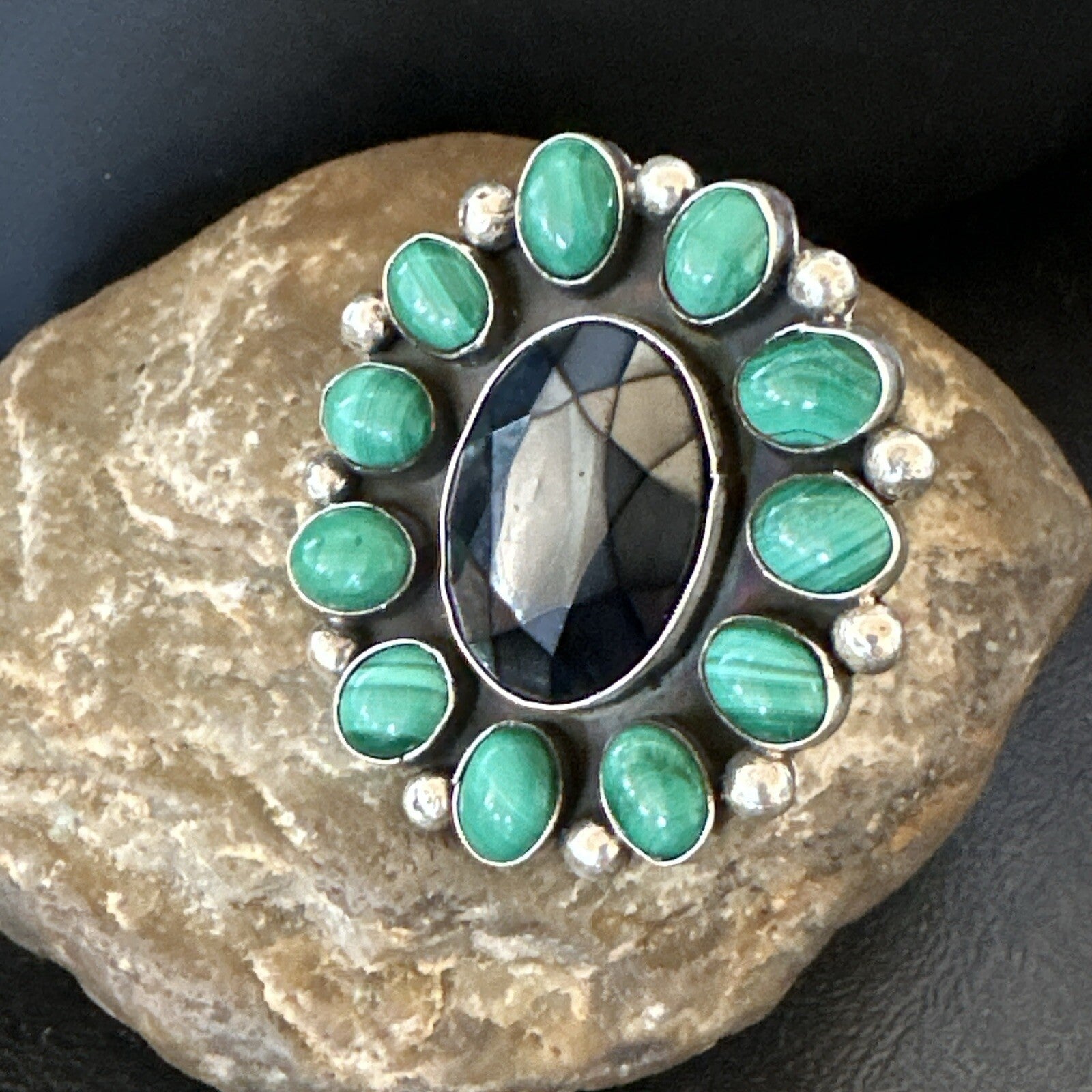 Green Malachite Quartz Navajo Sterling Silver Cluster Ring Size 10.5 18399