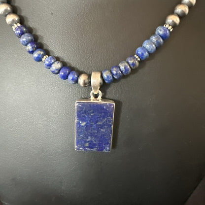 Blue Lapis Pendant Navajo Pearls Sterling Silver Necklace 20” 18688
