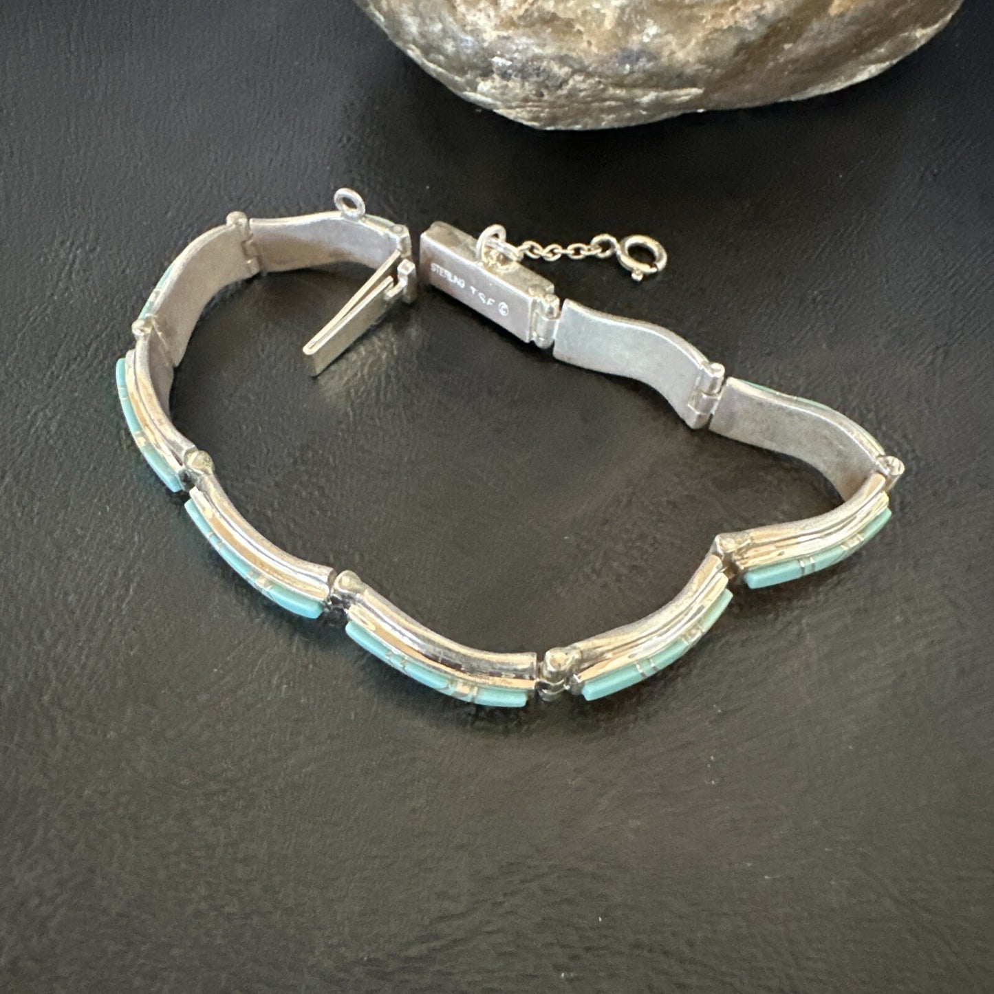 Blue Turquoise Navajo Old Pawn Sterling Silver Inlay Bracelet 8” 18132