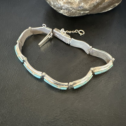 Blue Turquoise Navajo Old Pawn Sterling Silver Inlay Bracelet 8” 18132
