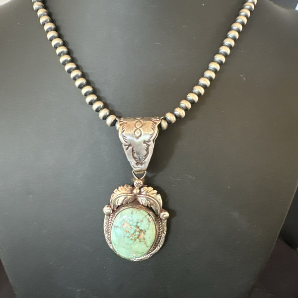 Navajo Green Royston Turquoise Necklace Pendant | Sterling Silver | Authentic Native American Handmade | 19356