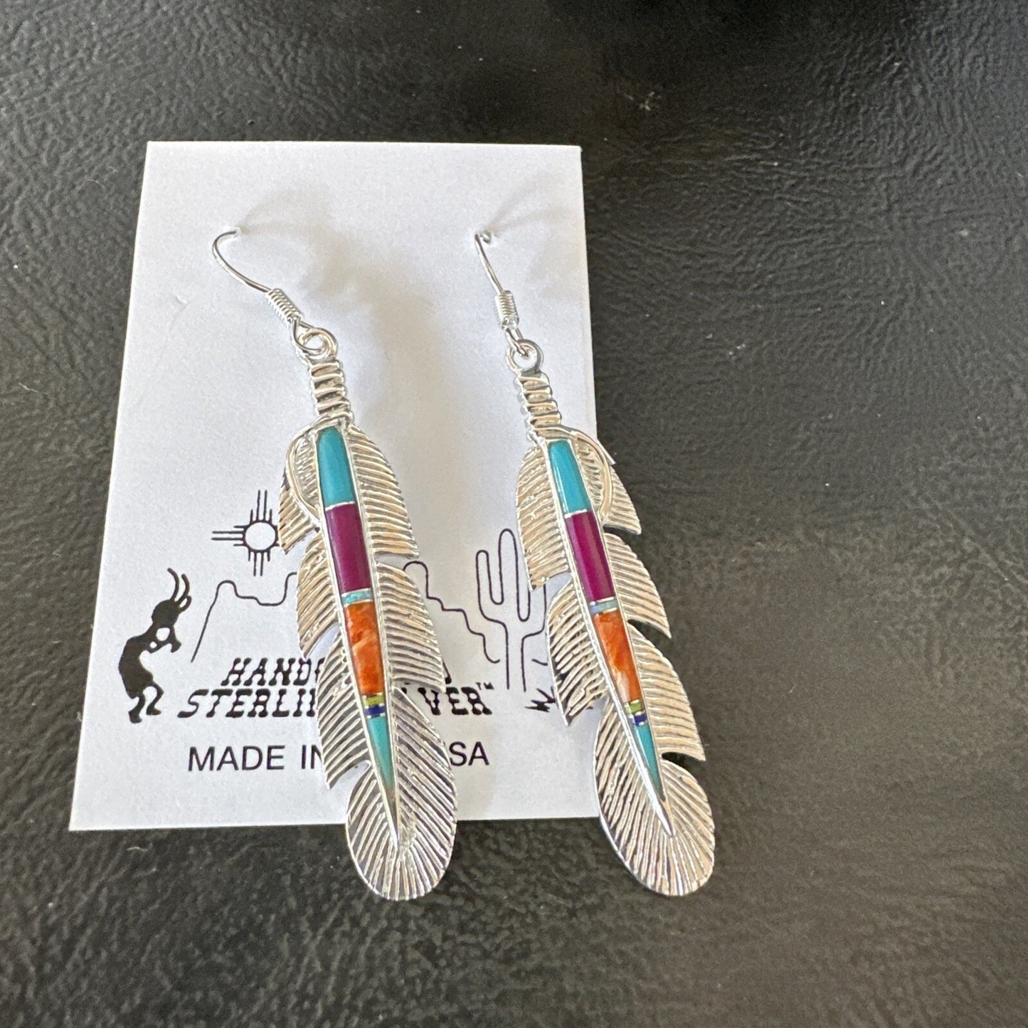 Multicolor Turquoise Sterling Silver Handmade Inlay Feather Earrings 18698