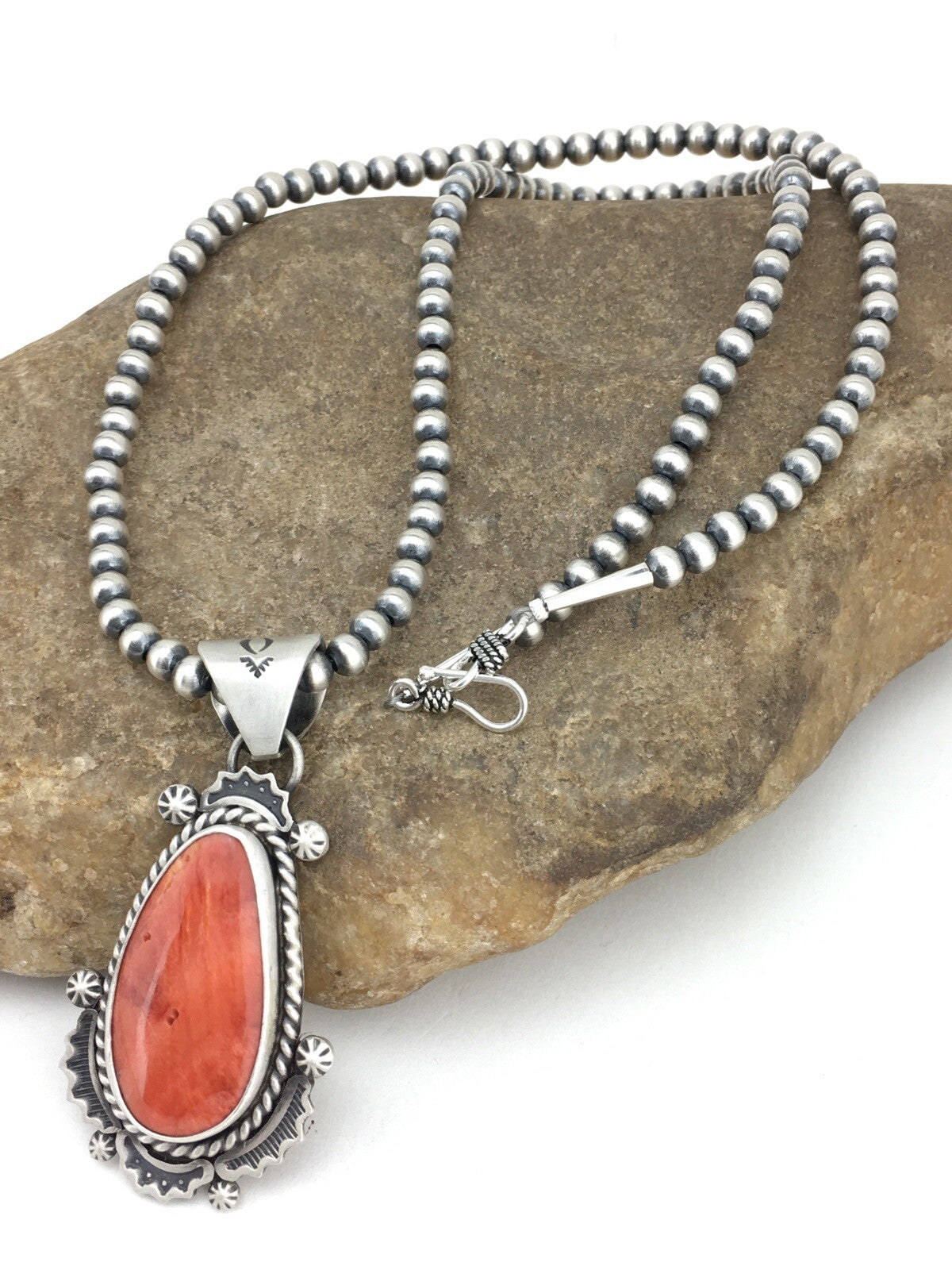 Orange Spiny Oyster Pendant Navajo Pearls Sterling Silver Necklace 1296