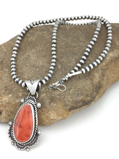 Orange Spiny Oyster Pendant Navajo Pearls Sterling Silver Necklace 1296